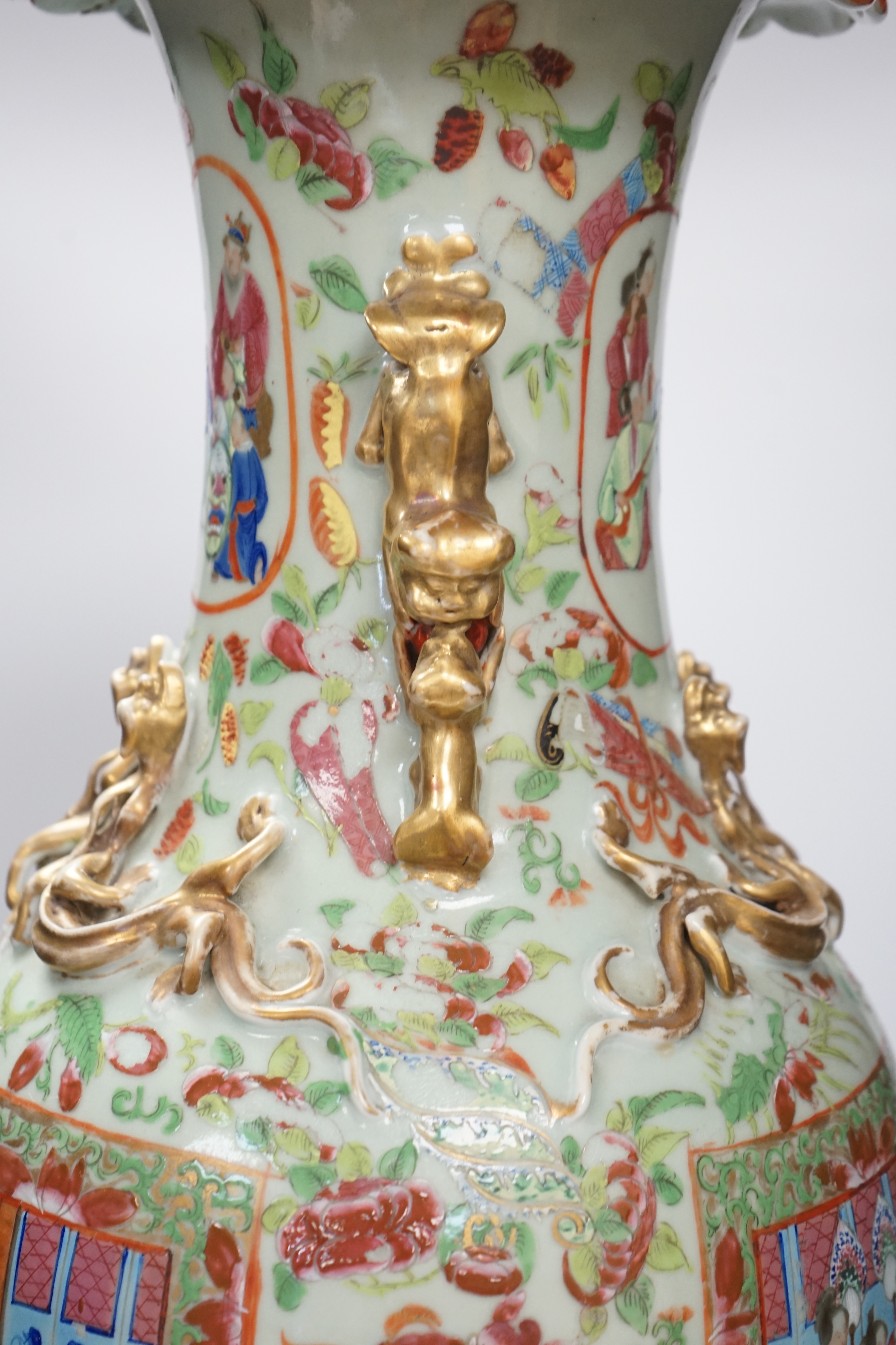 A large Chinese famille rose celadon ground vase, 19th century, 64cm high (a.f.)